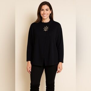 JM Collection Black Cardigan with Rhinestone Brooch